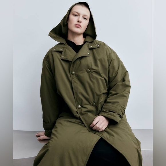 Zara Women's Double Breasted Long Waterproof Hoodie Jacket Coat Green Sz M - Picture 2 of 16